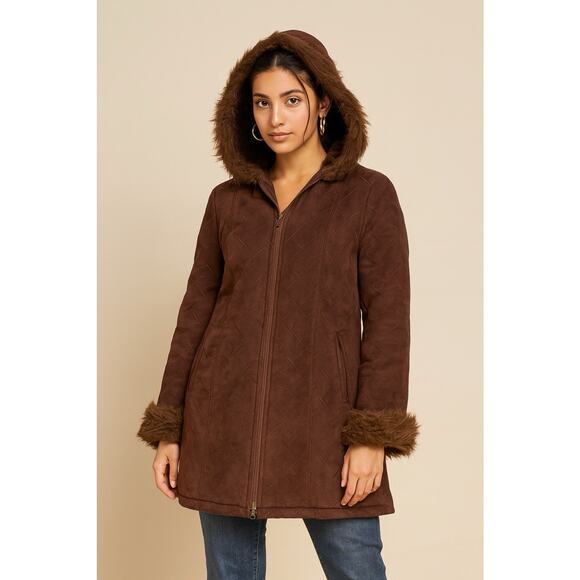 Y2K Faux Suede Fur Trim Hooded Coat Zip Up Women’s Medium 2000s VTG Brown Jacket - Picture 2 of 16